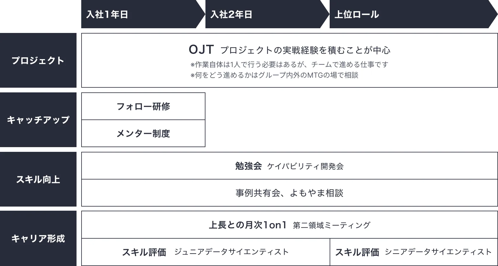 入社受け入れ〜人材育成の全体像。プロジェクトは入社1年目から OJT で実戦経験を積むことが中心。キャッチアップはフォロー研修とメンター制度。スキル向上は勉強会（ケイパビリティ開発会）と事例共有会・よもやま相談。キャリア形成は上長との月次1on1（第二領域ミーティング）と、ジュニア／シニアデータサイエンティストのスキル評価。